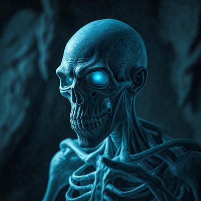 The primary subject of the image is a skeleton with blue eyes, which appears to be a digital art or illustration. The setting is a dark, possibly underground environment, with a rocky background. The visual style gives the image a creepy and mysterious atmosphere. The dominant colors are blue and black, with the blue eyes of the skeleton being the most prominent feature.